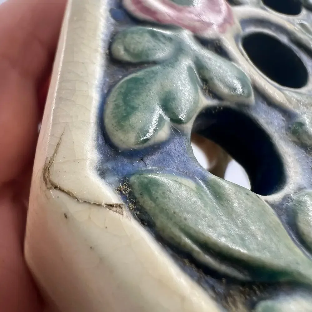 Antique Weller Ware Ceramic Florala 9 Hole Flower‎ Frog Vase RARE 1920's FLAW